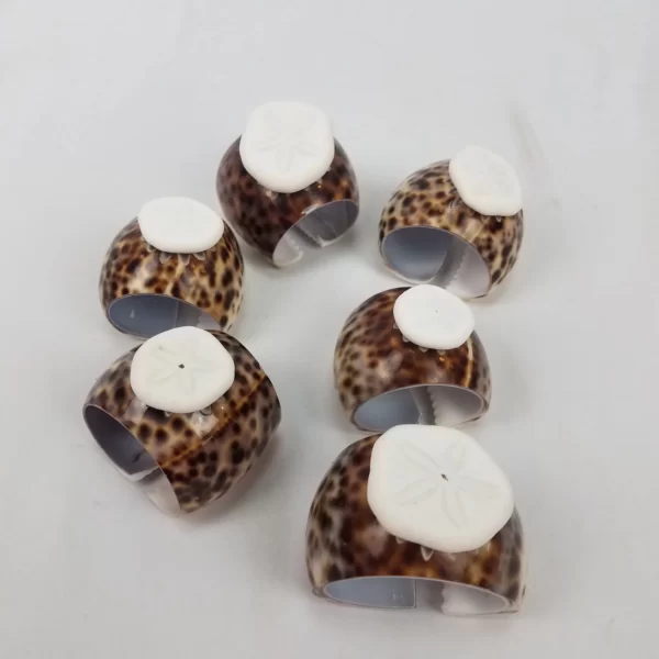 Set of 6 Natural Sand Dollar on Engraved Tiger Cowrie Sea Shell Napkin Rings