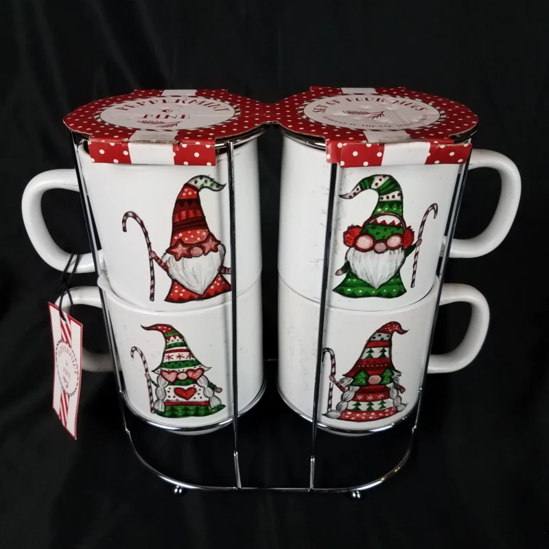 Gnome Stacking Mugs Peppermint Pine Holiday Christmas Set of 4 Gift Set NEW