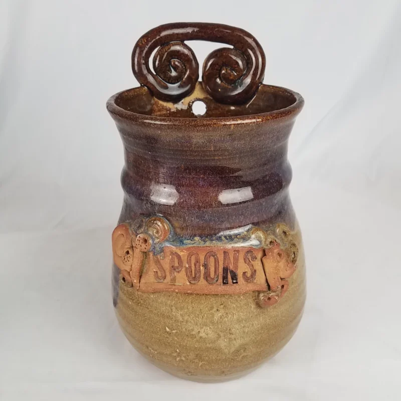 Rustic Primitive Pottery Utensil Spoon Crock Hand Thrown Glaze