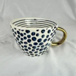 Old Pottery Company Mug Droopy Polka Dot Stripes Gold Asymmetrical