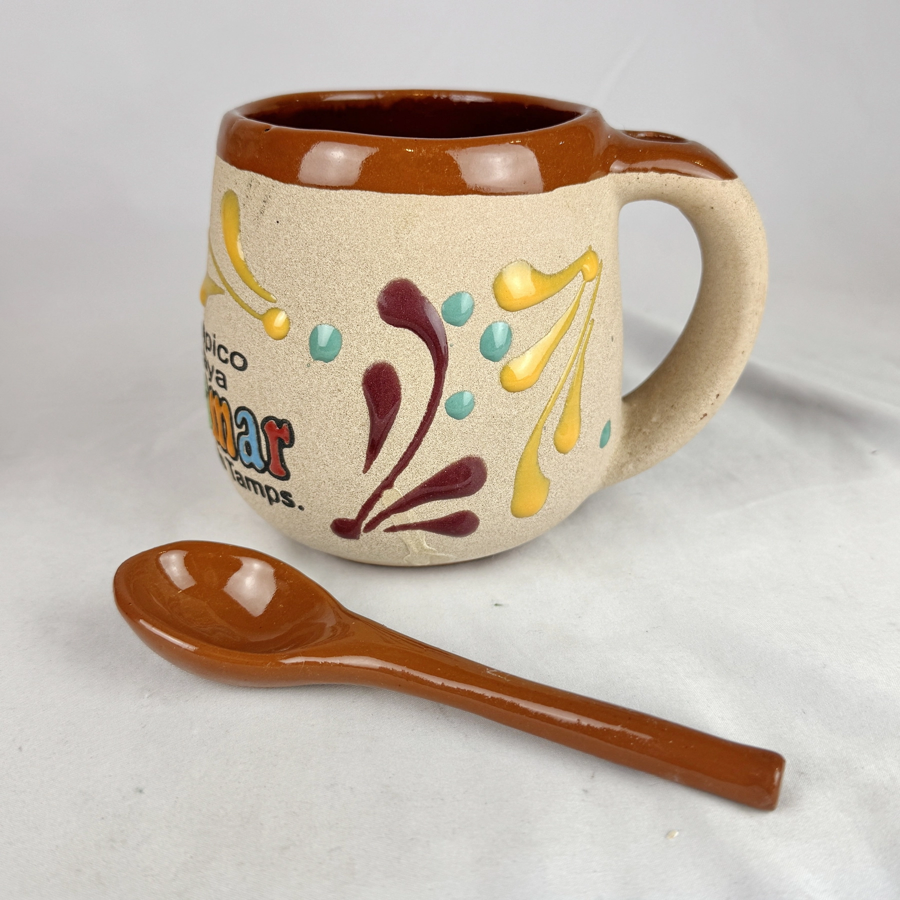 Mexican Ceramic Coffee Mug Spoon Set Tampico Playa Miramar Souvenir Handmade
