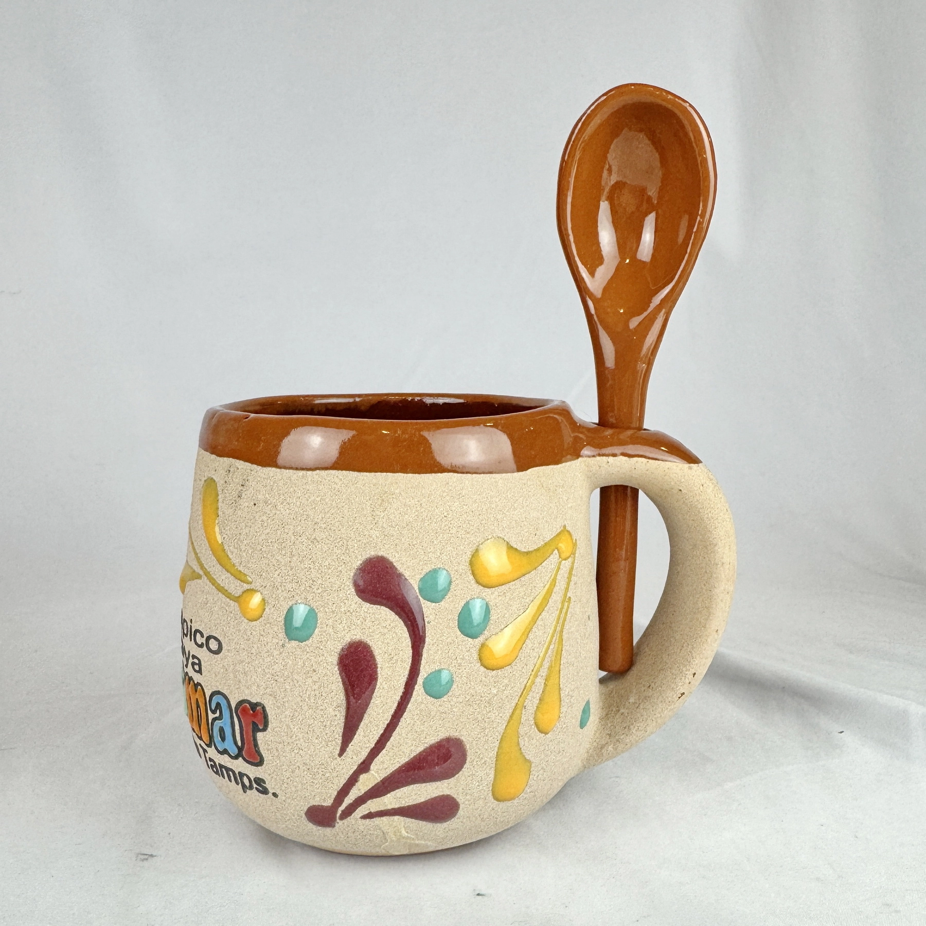 Mexican Ceramic Coffee Mug Spoon Set Tampico Playa Miramar Souvenir Handmade - Image 5