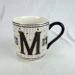 Anthropologie Monogram M Mug Mosaic Honeycomb Black Handle Coffee Cup