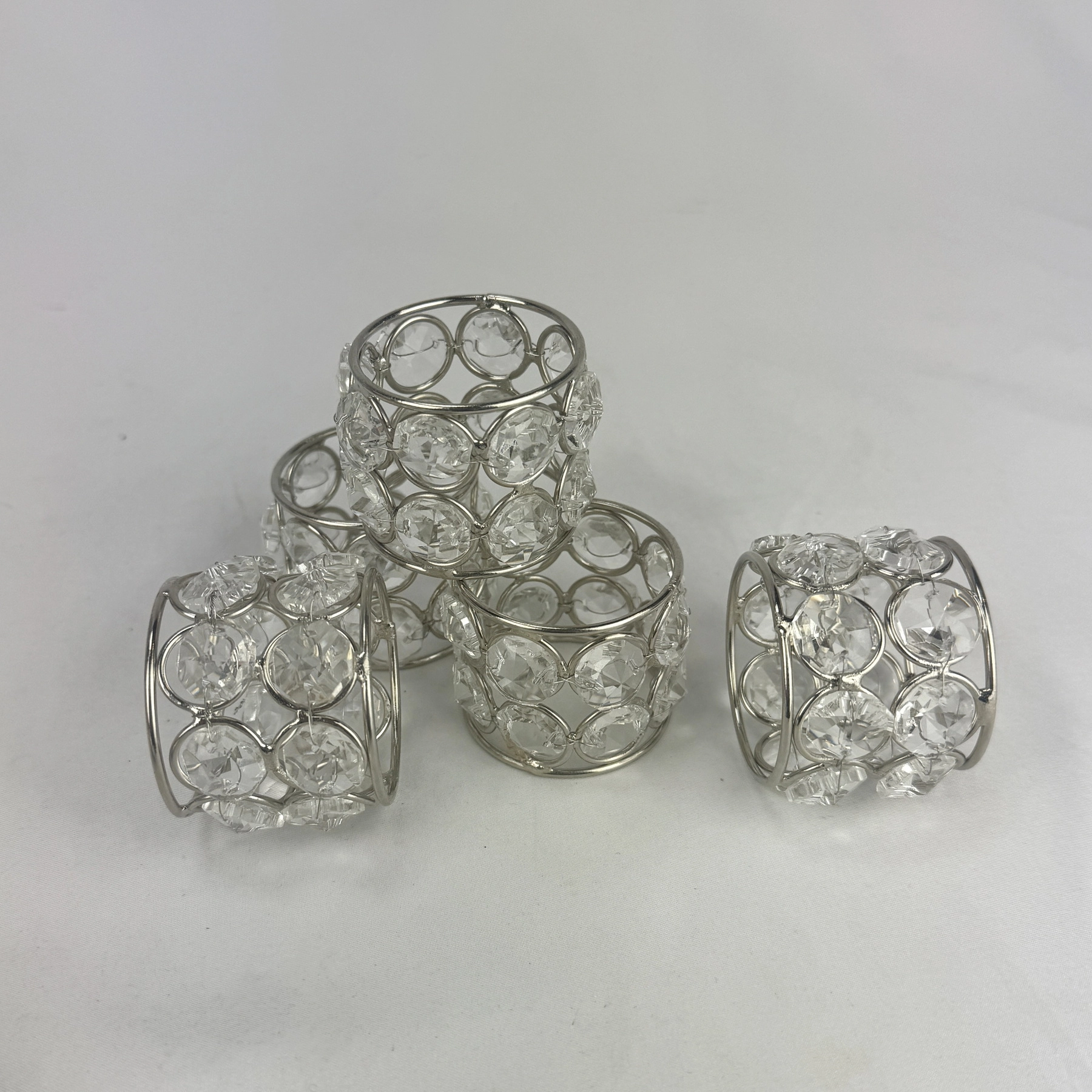 Set of 5 Crystal Beaded Napkin Rings Silver Tone Metal Glam Wedding Decor