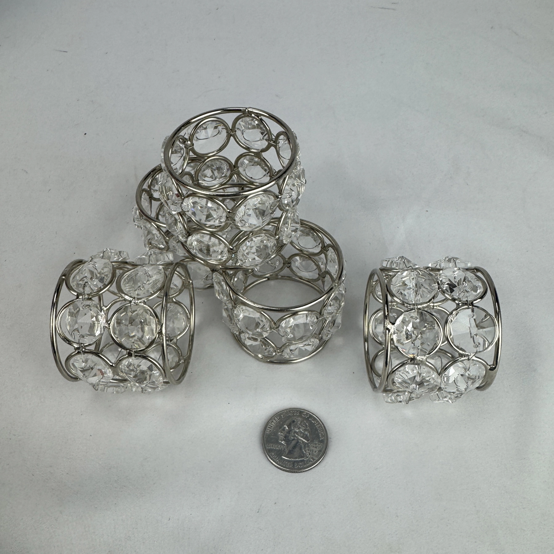 Set of 5 Crystal Beaded Napkin Rings Silver Tone Metal Glam Wedding Decor - Image 2