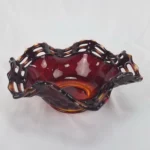 FENTON Carnival Glass Basket Weave Ruffled Pierced Edge Bowl Dish Red Amberina