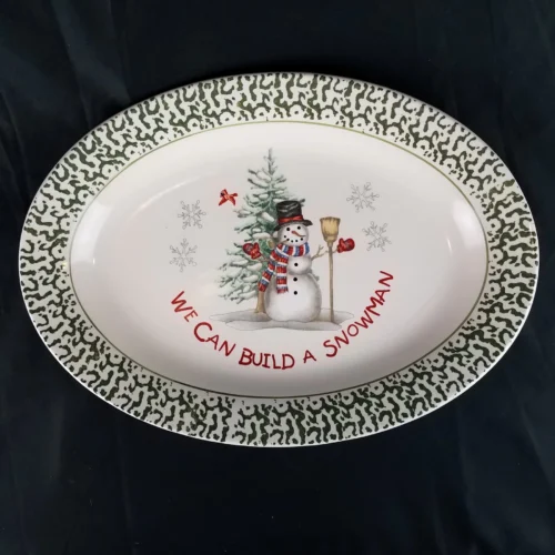'We Can Build A Snowman' 14" Oval Stoneware Platter Christmas Green Sponge Rim