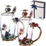 BTaT- Tall Tea Cups with Lids Spoons - Butterfly Fancy Glass Metal
