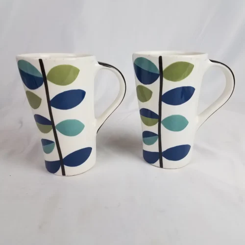 2 - Pier 1 Imports 14oz Tall Coffee Mugs Hand Painted Oval Shape Abstract Leaves