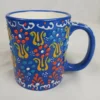 Myth Arts Mug Textured Painted Flowers Signed Made in Turkey Dark Blue