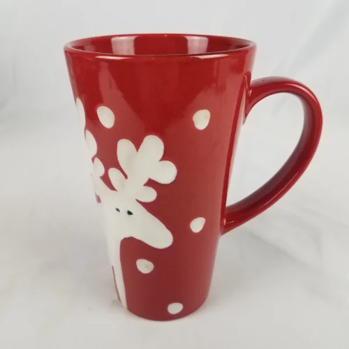 Pier 1 Imports REINDEER Tall Coffee Mug Red Hand Painted Stoneware